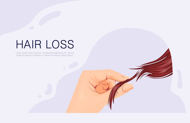 Дівчина з проблемою волосся, падіння, алопеція, пошкодження, в руці жінки здоров'я та медична ілюстрація
 - Вектор, зображення