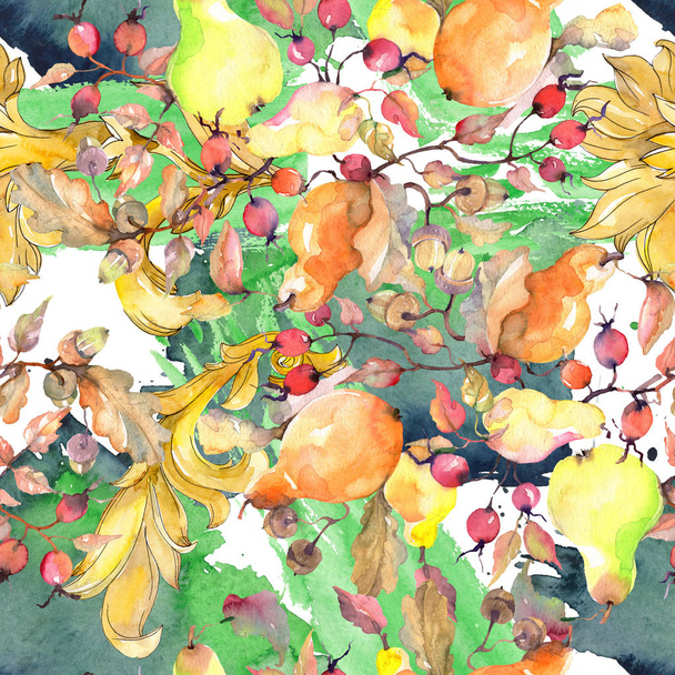 Rama de peras con fruta de rosa mosqueta. Conjunto de ilustración de fondo acuarela. Patrón de fondo sin costuras
. - Foto, imagen