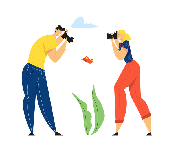 Man and Woman Photographers with Photo Camera Making Picture of Butterfly. Creative Hobby, Traveling, Male, Female Character Having Rest on Nature, Outdoor Activity, Cartoon Flat Vector Illustration - Vector, Image