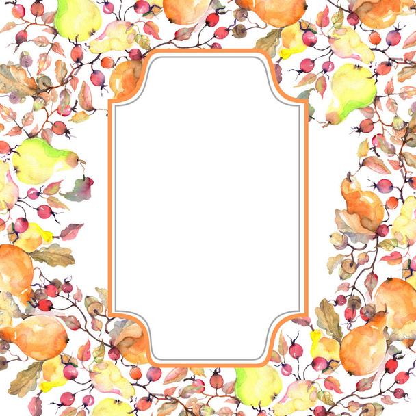 Branch of pears with rose hips fruit. Watercolor background illustration set. Frame border ornament square. - 写真・画像