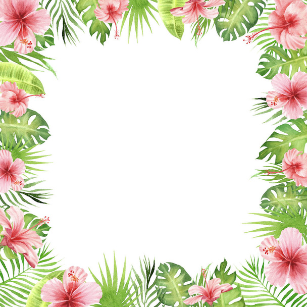 watercolor border frame green tropical leaves and flowers - Photo, image