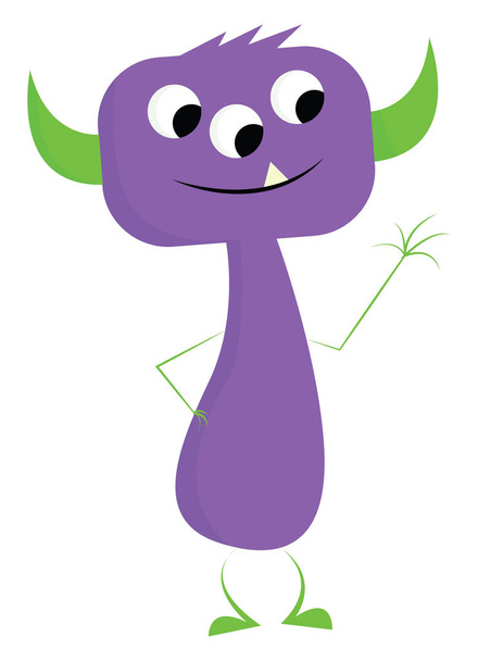 Monster with green horns, vector or color illustration. - Вектор,изображение