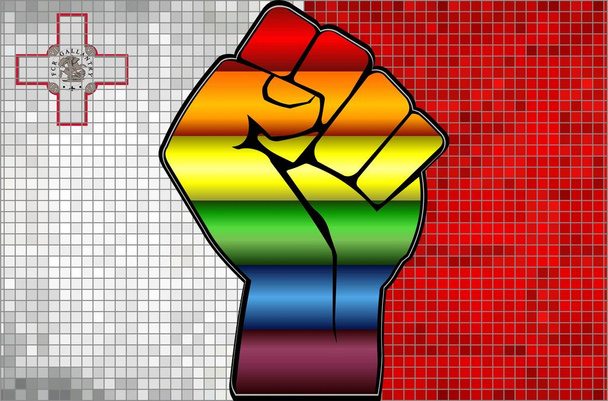 Lesklý LGBT protestní pěst na maltské vlajce-ilustrace, abstraktní mozaika Malta a homosexuální vlajky - Vektor, obrázek