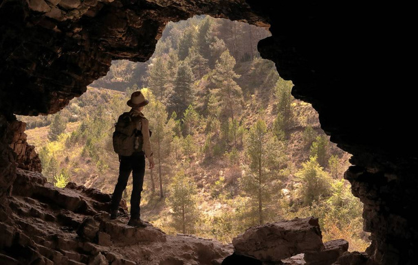 松林の前の洞窟で帽子とバックパックを持つ冒険家 - 写真・画像