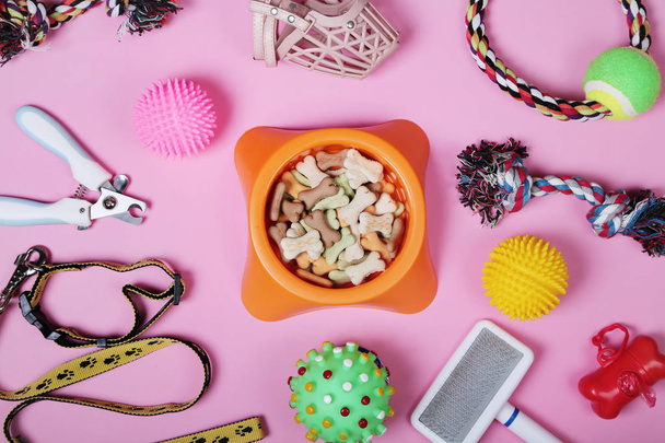Flat lay composition with accessories for dog and cat, toys, dry food, biscuits, cookies, brushes, hairbrushes, balls, collar on pink background. Pet care - Photo, image