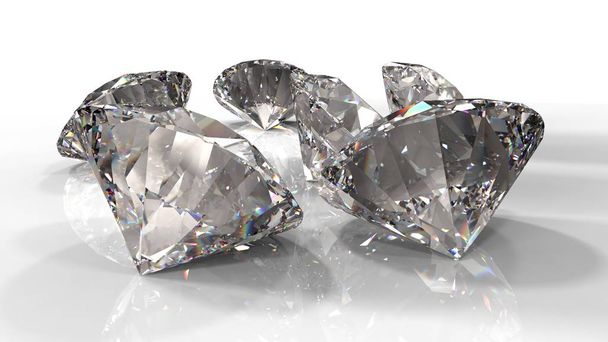 Vista de cerca de un diamante redondo claro de talla brillante con rayos cáusticos sobre fondo blanco. Ilustración de representación 3D
 - Foto, Imagen