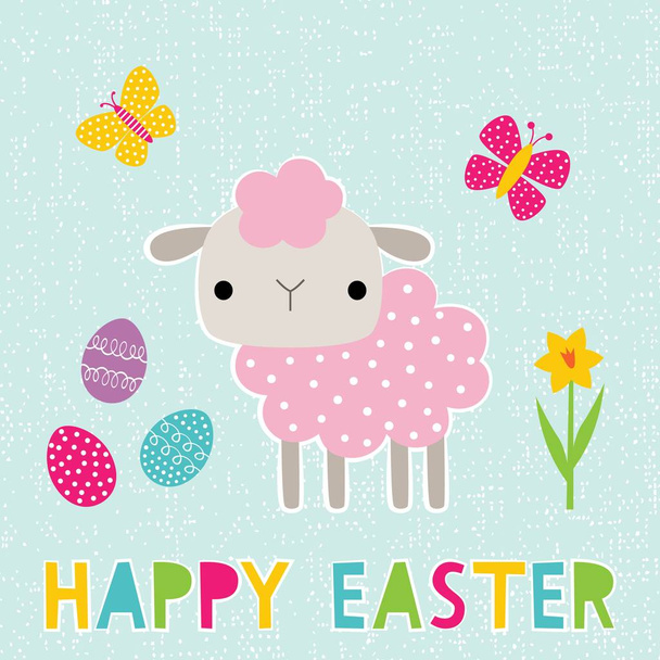 Happy Easter vector greeting card with a cute sheep - Wektor, obraz