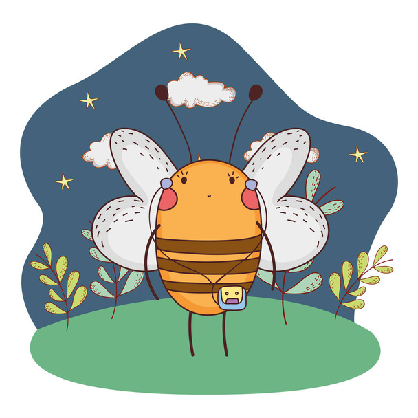 cute little bee with walkman in the camp - Vector, Image