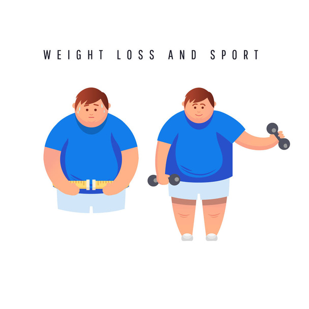 Fat man character running fast on treadmill. Vector flat cartoon illustration - Vector, Image