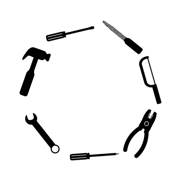 Εργαλεία εργασίας μαύρο πριόνι κλειδί σφυρί κατσαβίδι εικονίδιο Set πολυτεχνίτης εργαλειοθήκη υπηρεσιών - Διάνυσμα, εικόνα