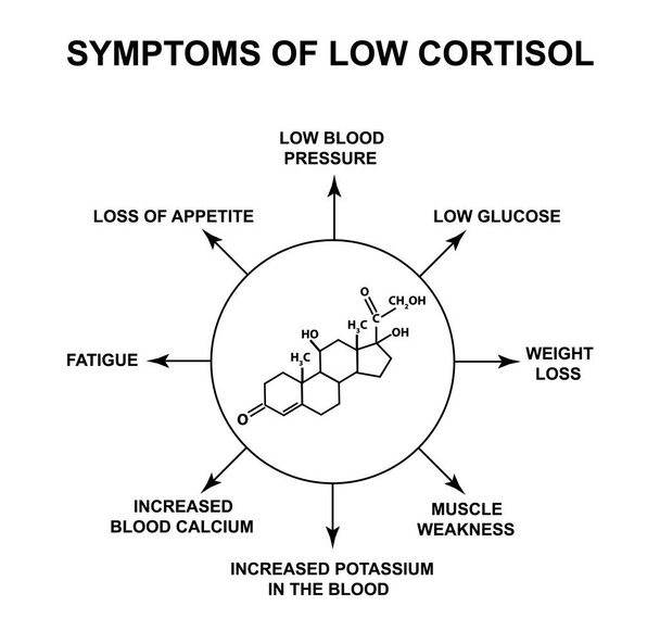 Symptomen van lage cortisol. Het stress hormoon cortisol is een chemische molecuulformule. Infographics. Vector illustratie op geïsoleerde achtergrond. - Vector, afbeelding