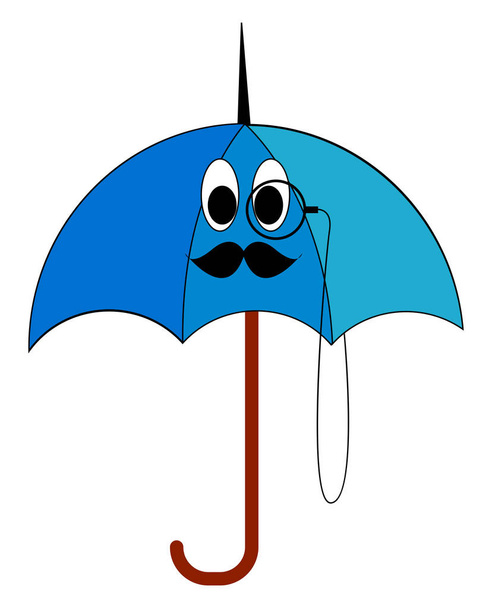 Blauwe umberella met snor, illustratie, vector op wit terug - Vector, afbeelding