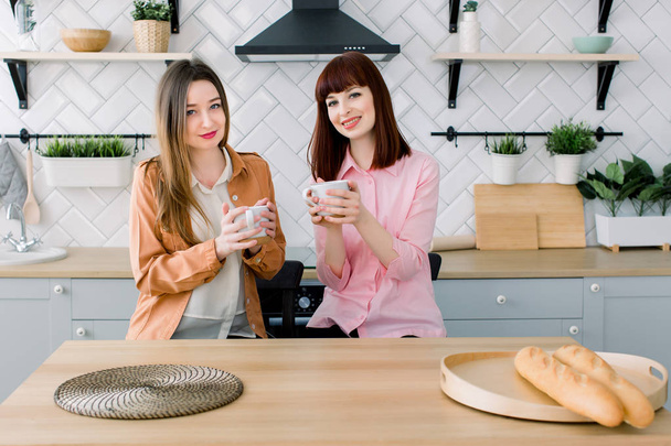 Two woman friends breakfast in the kitchen and having fun, talking and laughing, sitting at the dining table at home. - 写真・画像