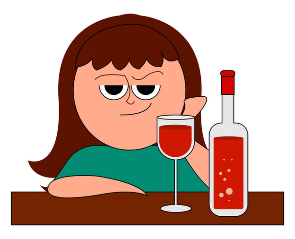Részeg lány iszik bort, illusztráció, vektor fehér háttérb - Vektor, kép