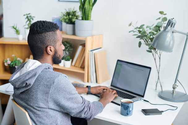 Jovem empresário casual olhando para a tela do laptop na frente dele enquanto pressiona as teclas durante a rede por mesa no escritório
 - Foto, Imagem