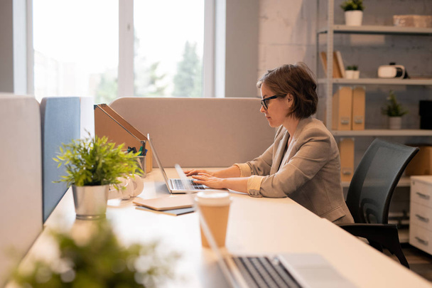 Senhora de escritório concentrada grave em óculos sentados à mesa e digitando no laptop enquanto prepara o relatório no escritório
 - Foto, Imagem
