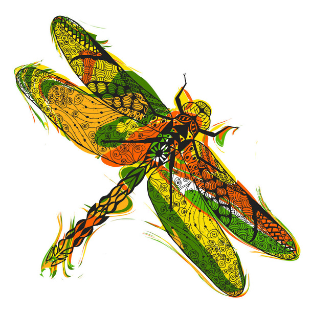 Zentangle stylized dragonfly with abstract colorful grunge background - Vecteur, image