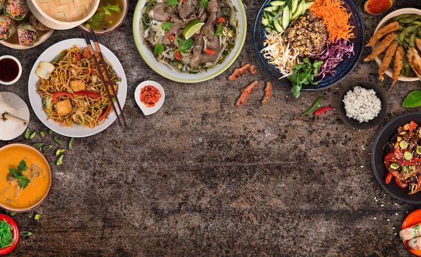 Asian food background with various ingredients on rustic stone background , top view. - Φωτογραφία, εικόνα