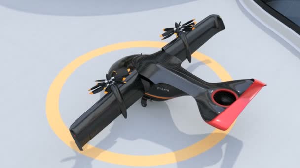 E-VTOL passagiersvliegtuigen opstijgen van luchthaven. Zonnepaneel gemonteerd op de vleugels. Stedelijk passagiers mobiliteits concept. 3D-rendering animatie. - Video