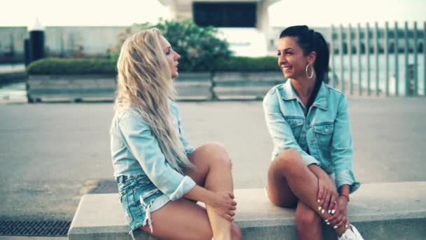 Beste vrienden of zusters zitten en praten tonen mooie relatie - Video