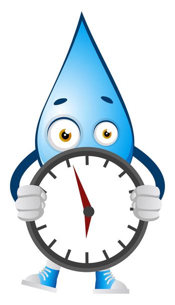 Water drop holding clock, illustration, vector on white backgrou - Διάνυσμα, εικόνα