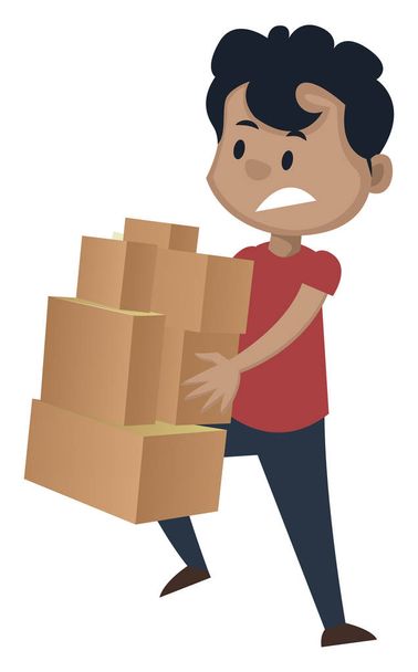 Boy is holding boxes, illustration, vector on white background. - Vector, Image