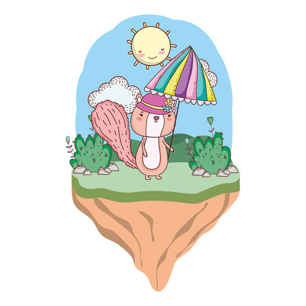 cute little chipmunk with umbrella in the field - Vector, Image