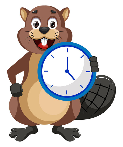 Beaver with clock, illustration, vector on white background. - Vector, Image