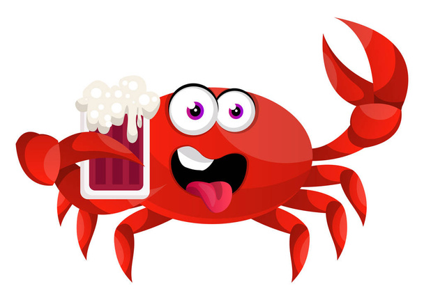 Crab with beer, illustration, vector on white background. - Vector, Image