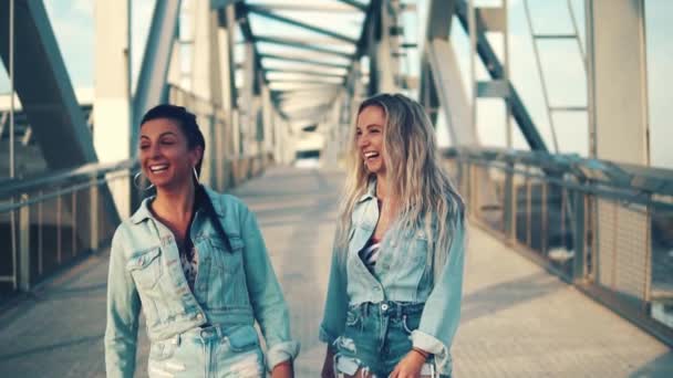 Gelukkige beste vrienden of zusters wandelen en praten - Video