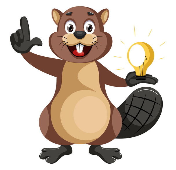 Beaver with lighting bulb, illustration, vector on white backgro - Vector, Image