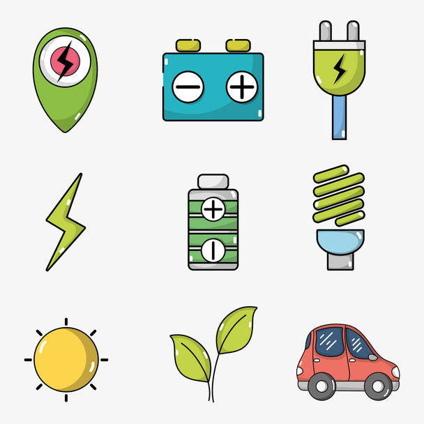 電気自動車のバッテリーとエネルギー充電技術を設定する - ベクター画像