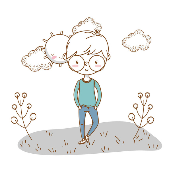 Stijlvolle jongen cartoon outfit natuur wolken achtergrond - Vector, afbeelding