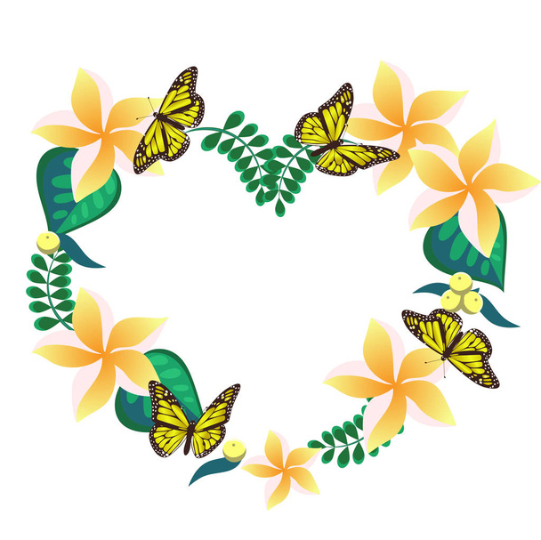 Frame made of plumeria and butterflies in the shape of a heart. Isolate on white background. Vector illustration. - Vector, Image