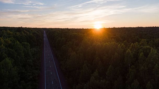 Toprak yolunun üst görünümü ve parlak gün batımı renklerinde yeşil bahar ormanları. Havadan güzel manzara, drone fotoğraf. - Fotoğraf, Görsel
