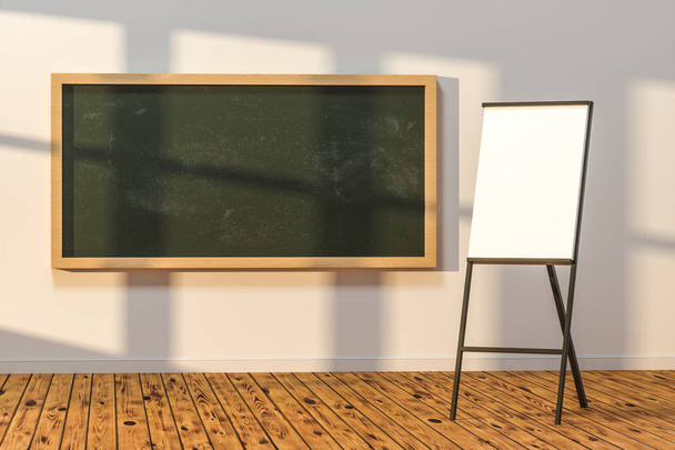 Een klaslokaal met een Blackboard aan de voorkant van de kamer, 3D-rendering. - Foto, afbeelding