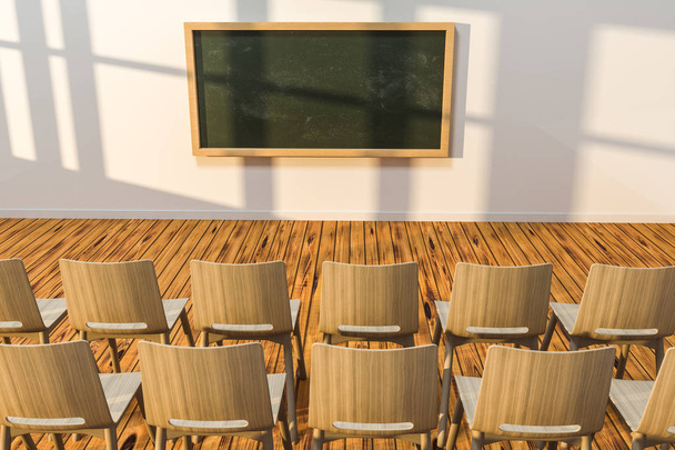 Un aula con sillas en el interior y una pizarra en la parte delantera de la habitación, 3d representación
. - Foto, Imagen