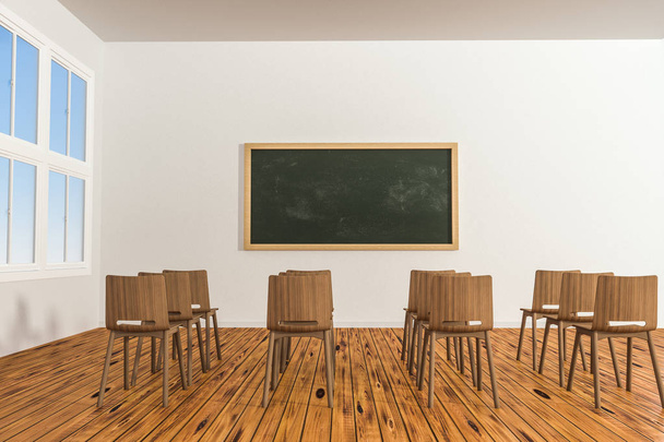 Μια τάξη με καρέκλες μέσα και έναν μαυροπίνακα στο μπροστινό μέρος του δωματίου, 3D απόδοση. - Φωτογραφία, εικόνα