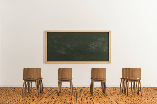ein Klassenzimmer mit Stühlen im Inneren und einer Tafel vor dem Raum, 3D-Darstellung. - Foto, Bild