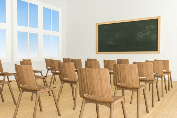 Un aula con sillas en el interior y una pizarra en la parte delantera de la habitación, 3d representación
. - Foto, Imagen