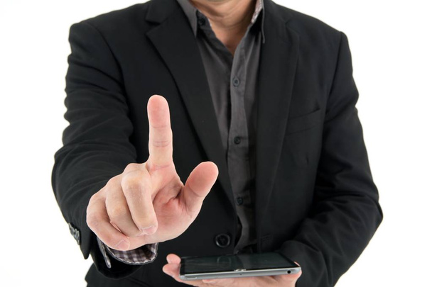 retrato um empresário mostrar dedo apontar e segurar dispositivo móvel
  - Foto, Imagem
