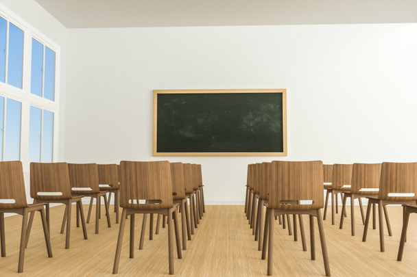 Az osztályban a székek belső és egy táblára a szoba elején, 3D renderelés. - Fotó, kép