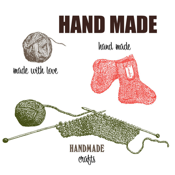 Hand gemaakt van ecologische textiel vector illustratie. Breien van wol of cannabis garens en draden. Eco concept van handgemaakte textiel. - Vector, afbeelding