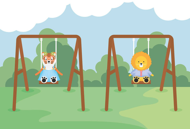 cute tiger and lion in swing - Vector, Image