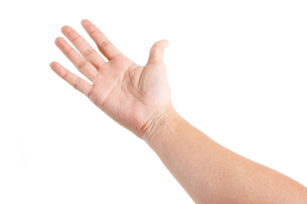 Чоловічі азіатські жести рук ізольовані на білому тлі. РОЗМІТКА ПОПЕРЕДЖЕННЯ. FIRST PERSON VIEW
. - Фото, зображення