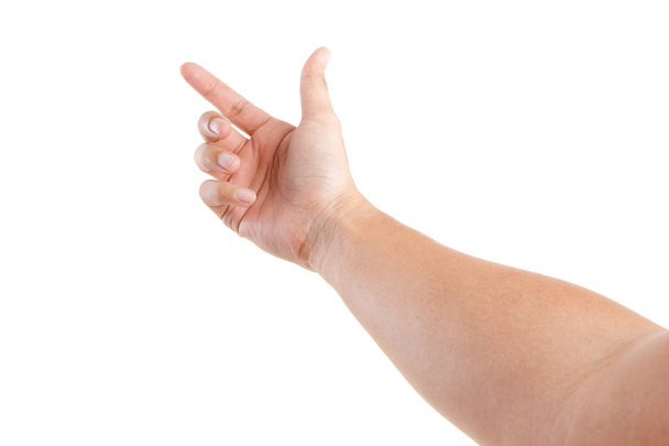 Les gestes de la main masculine asiatique isolé sur le fond blanc. À TOUCHER LE POSE. PREMIÈRE VUE DE LA PERSONNE
. - Photo, image