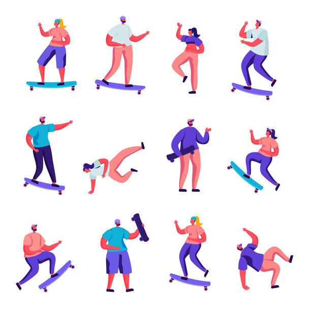 Set of Flat Girls and Boys Skateboarding Characters. Cartoon People Teenagers Male and Female Riding Skate Board, Dancing, Jumping, Youth Urban Culture. Vector Illustration. - Вектор, зображення