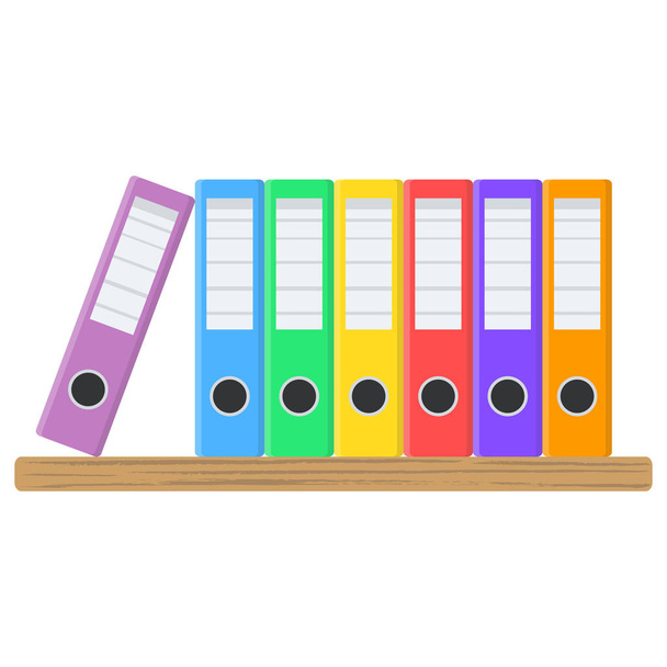 Muchas carpetas de documentos de color en el estante de madera para el diseño en blanco
, - Vector, imagen