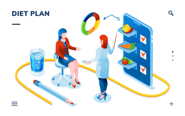 Isometric dietician and woman patient for diet app - Vector, Image