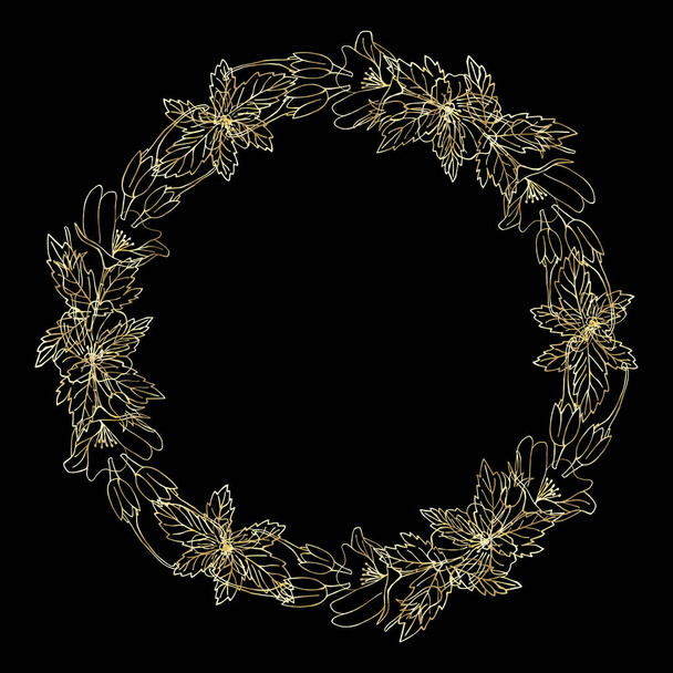 Detailed contour wreath with flowers isolated on black. Round frame for your design, greeting cards, wedding announcements, posters. - Vektör, Görsel